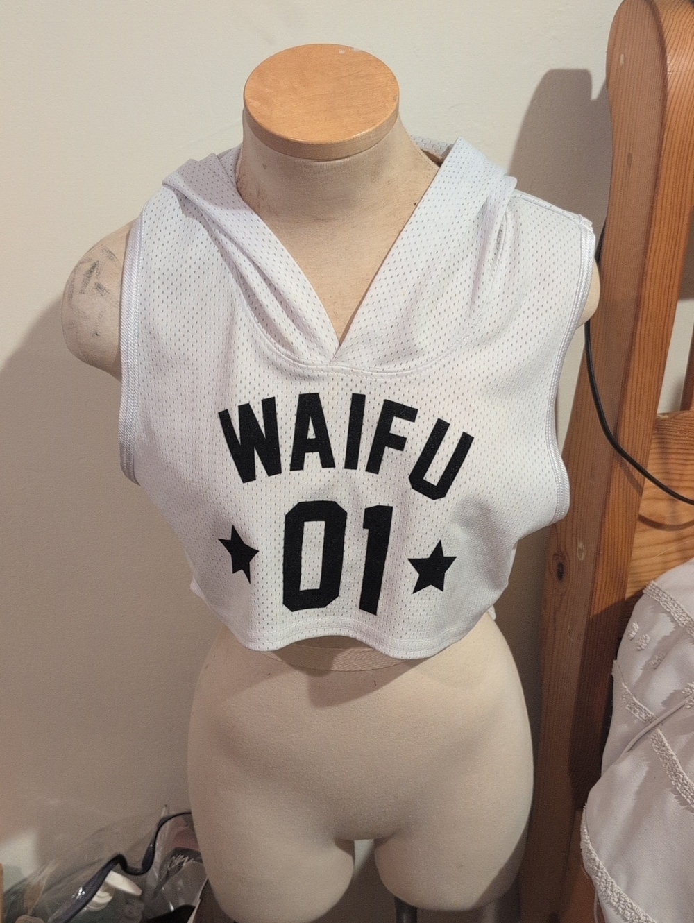 WAIFU 01 White Mesh Hooded Crop Tank Top